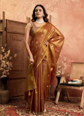 Mustard polka weave tissuse silk saree with all over weave blouse 2