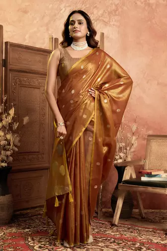 Mustard polka weave tissuse silk saree with all over weave blouse