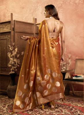 Mustard polka weave tissuse silk saree with all over weave blouse 4
