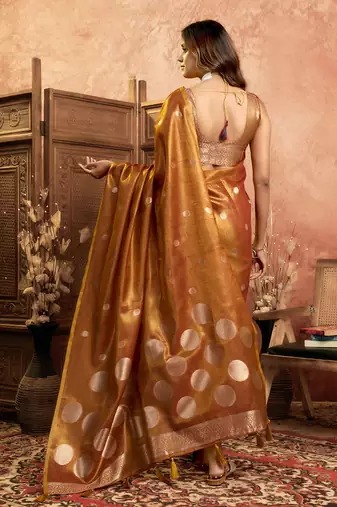 Mustard polka weave tissuse silk saree with all over weave blouse