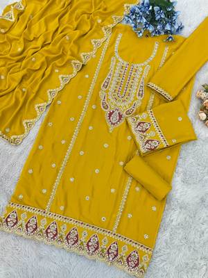 Yellow premium embroidered chinon salwar suit 2