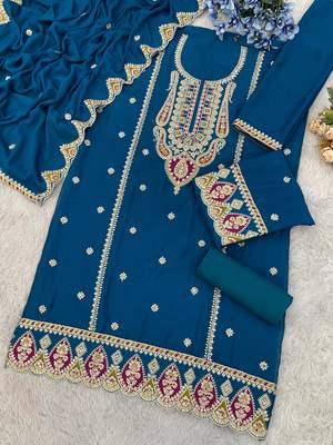 Teal premium embroidered chinon salwar suit 2