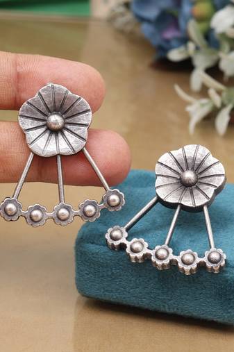 Handmade silver color oxidised stud dangler boho chic fashion earrings
