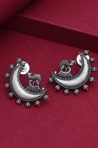 Tribal inspired silver color oxidised long chain drop fashion earrings