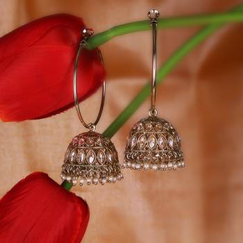 antique gold jhumki earrings with brown stones & pearls 1