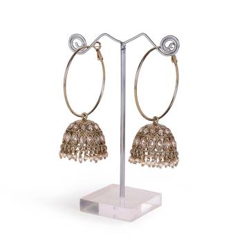 antique gold jhumki earrings with brown stones & pearls 2