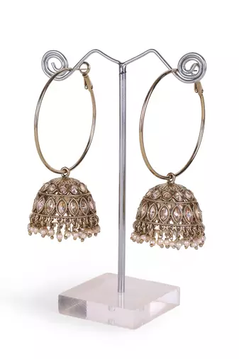 antique gold jhumki earrings with brown stones & pearls