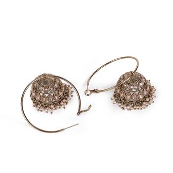 antique gold jhumki earrings with brown stones & pearls 3