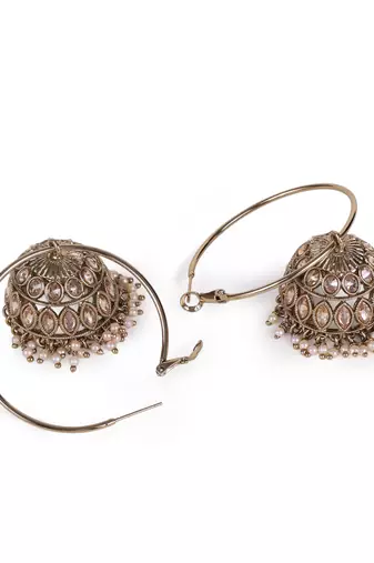 antique gold jhumki earrings with brown stones & pearls