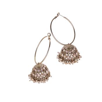 antique gold jhumki earrings with brown stones & pearls 4