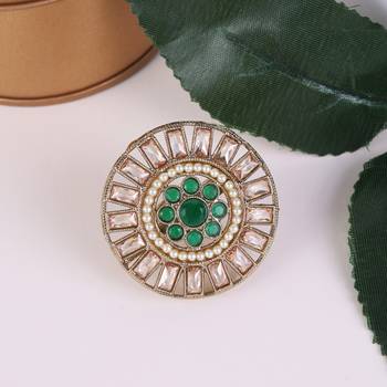 Round design green and grey stone antique gold plated brass adjustable finger ring for women and girls 1