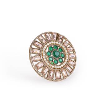 Round design green and grey stone antique gold plated brass adjustable finger ring for women and girls 2