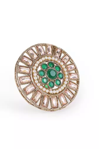 Round design green and grey stone antique gold plated brass adjustable finger ring for women and girls