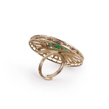 Round design green and grey stone antique gold plated brass adjustable finger ring for women and girls 3