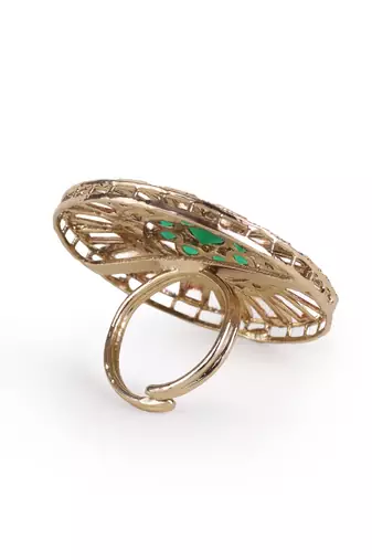 Round design green and grey stone antique gold plated brass adjustable finger ring for women and girls