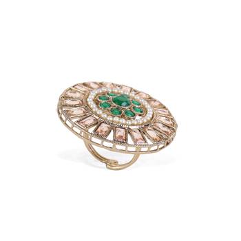 Round design green and grey stone antique gold plated brass adjustable finger ring for women and girls 4