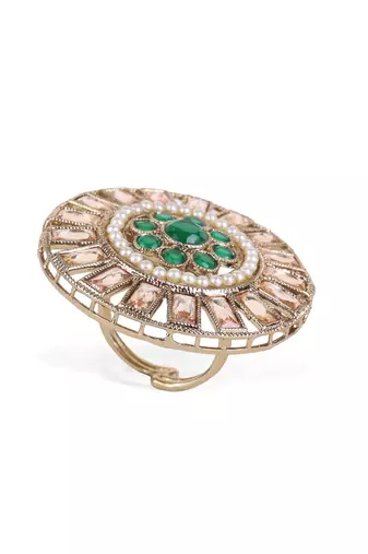 Round design green and grey stone antique gold plated brass adjustable finger ring for women and girls