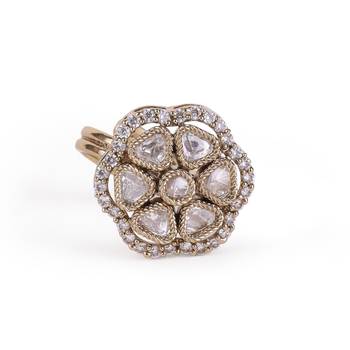 Flower design white stone antique gold plated brass adjustable finger ring for women and girls 2