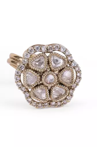 Flower design white stone antique gold plated brass adjustable finger ring for women and girls