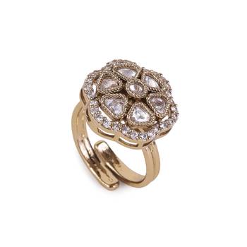 Flower design white stone antique gold plated brass adjustable finger ring for women and girls 4