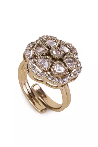 Flower design white stone antique gold plated brass adjustable finger ring for women and girls