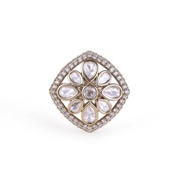 Squire shape white stone antique gold plated brass adjustable finger ring for women and girls 2