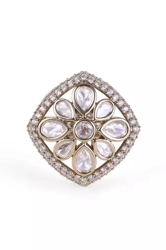 Squire shape white stone antique gold plated brass adjustable finger ring for women and girls