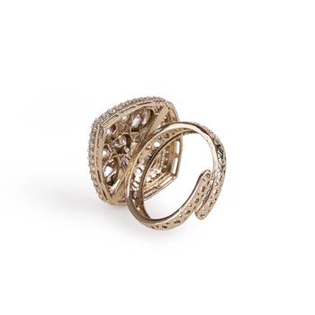 Squire shape white stone antique gold plated brass adjustable finger ring for women and girls 3