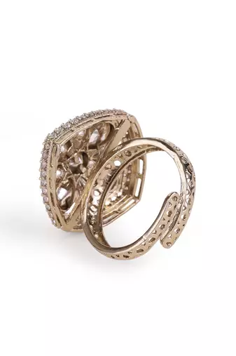 Squire shape white stone antique gold plated brass adjustable finger ring for women and girls