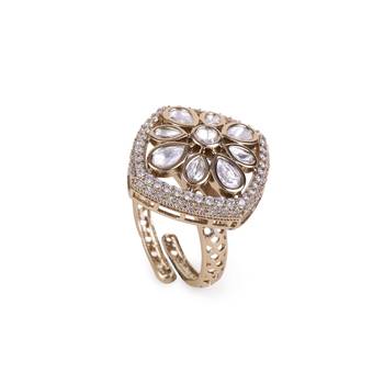 Squire shape white stone antique gold plated brass adjustable finger ring for women and girls 4