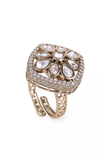 Squire shape white stone antique gold plated brass adjustable finger ring for women and girls