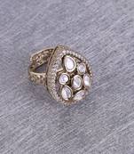 Oval shape white stone antique gold plated brass adjustable finger ring for women and girls