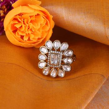 floral white stone antique gold adjustable statement ring 1