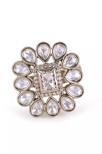 floral white stone antique gold adjustable statement ring