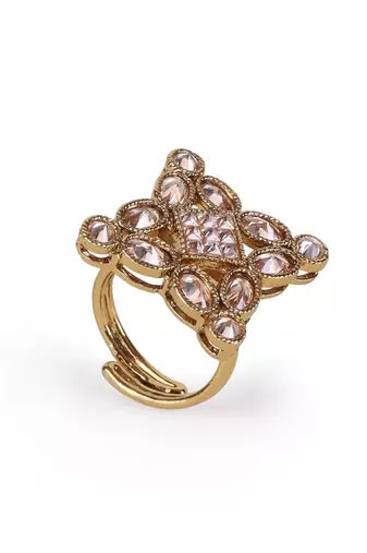 Triangle design white stone antique gold plated brass adjustable finger ring for women and girls