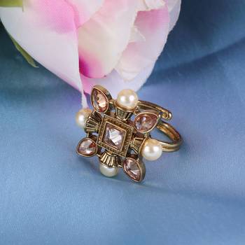Flower half- white moti and grey stone antique gold plated brass adjustable finger ring for women and girls 1