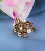 Flower half- white moti and grey stone antique gold plated brass adjustable finger ring for women and girls