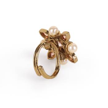 Flower half- white moti and grey stone antique gold plated brass adjustable finger ring for women and girls 3
