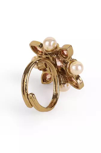 Flower half- white moti and grey stone antique gold plated brass adjustable finger ring for women and girls