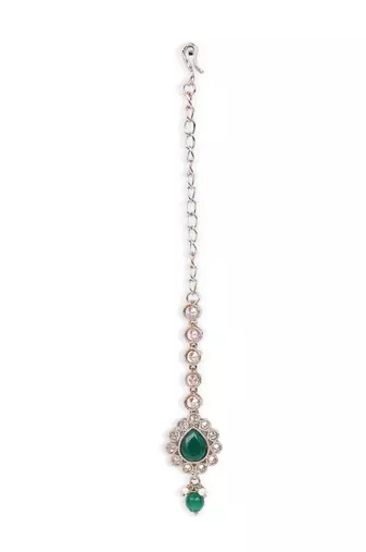 green stone kundan drop maang tikka in gold tone