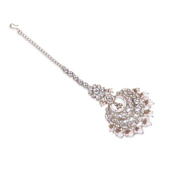 Traditional flower shape and pearl silver gold plated maang tikka for women and girls 2