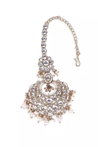 Traditional flower shape and pearl silver gold plated maang tikka for women and girls