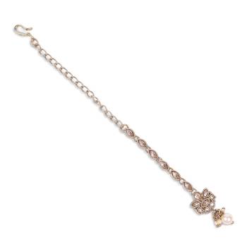 minimal kundan pearl drop maang tikka in gold tone 3
