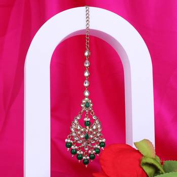 gold plated kundan green bead chandbali maang tikka 1