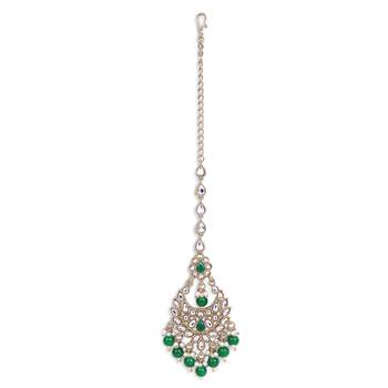 gold plated kundan green bead chandbali maang tikka 2