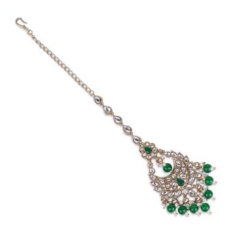 gold plated kundan green bead chandbali maang tikka 3