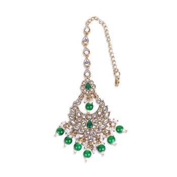 gold plated kundan green bead chandbali maang tikka 4