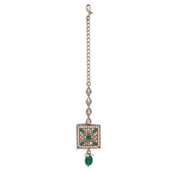 Traditional squire and flower shape silver gold plated brass maang tikka for women and girls 2