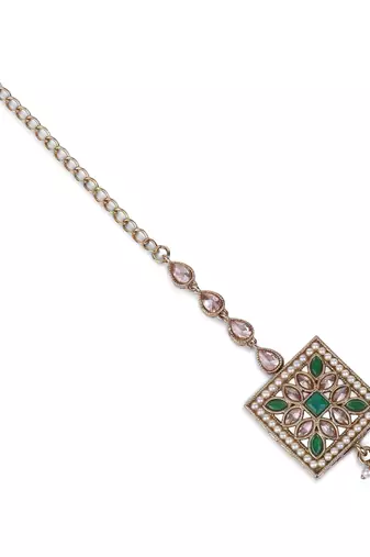 Traditional squire and flower shape silver gold plated brass maang tikka for women and girls