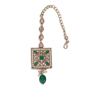 Traditional squire and flower shape silver gold plated brass maang tikka for women and girls 4